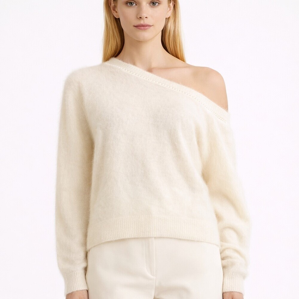 Bernadette Solène Brushed Cashmere Pullover Open Back Pearl Necklace White Small - Picture 3 of 15